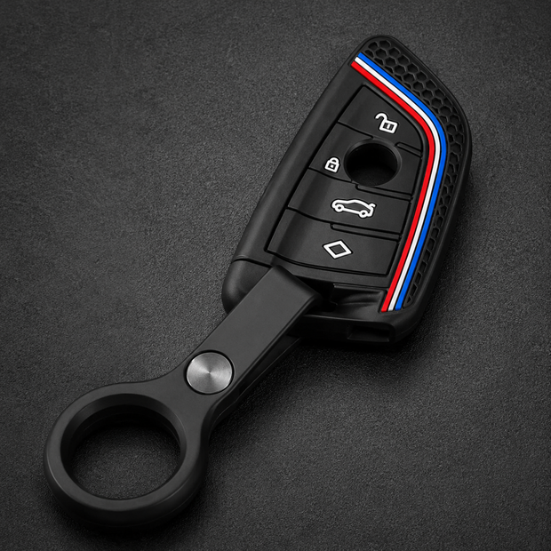 BMW M Sport silicone key cover case with tri-colour stripe in black