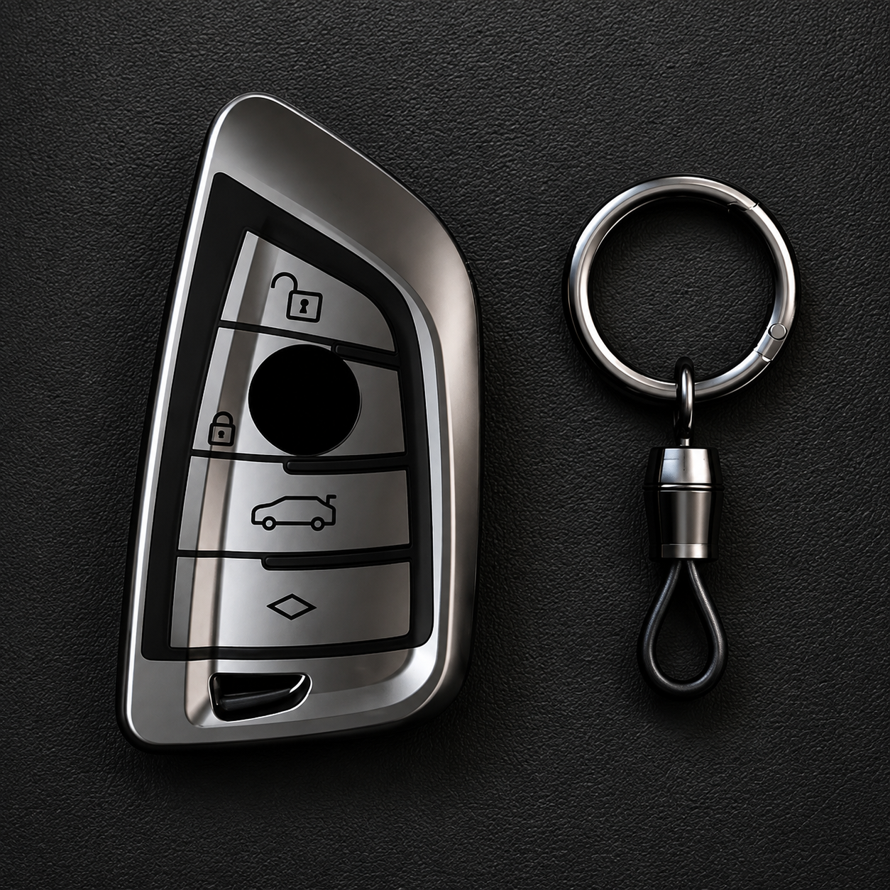 BMW gloss silver TPU key cover and chrome barrel keyring set on dark background