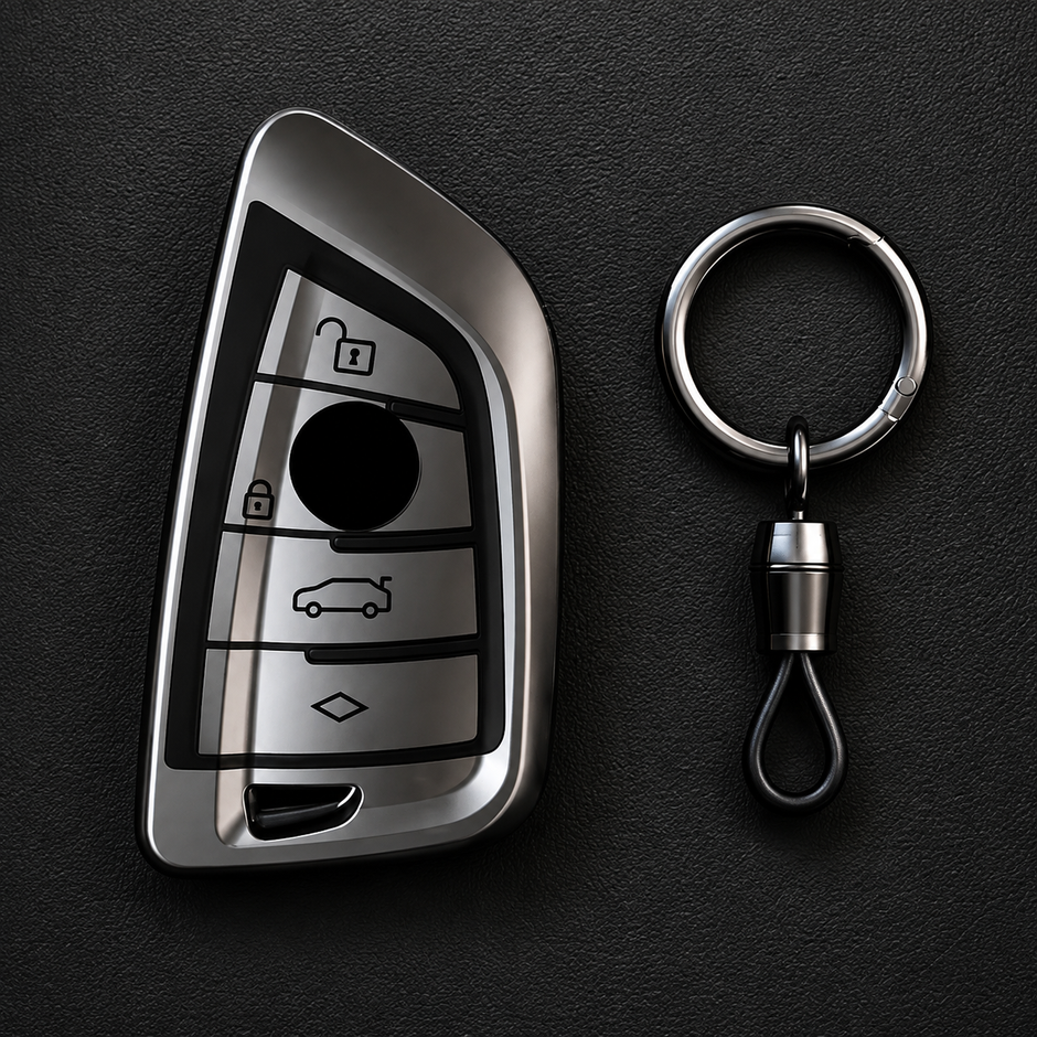 BMW gloss silver TPU key cover and chrome barrel keyring set on dark background