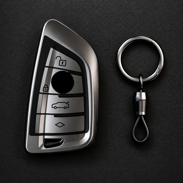 BMW gloss silver TPU key cover and chrome barrel keyring set on dark background