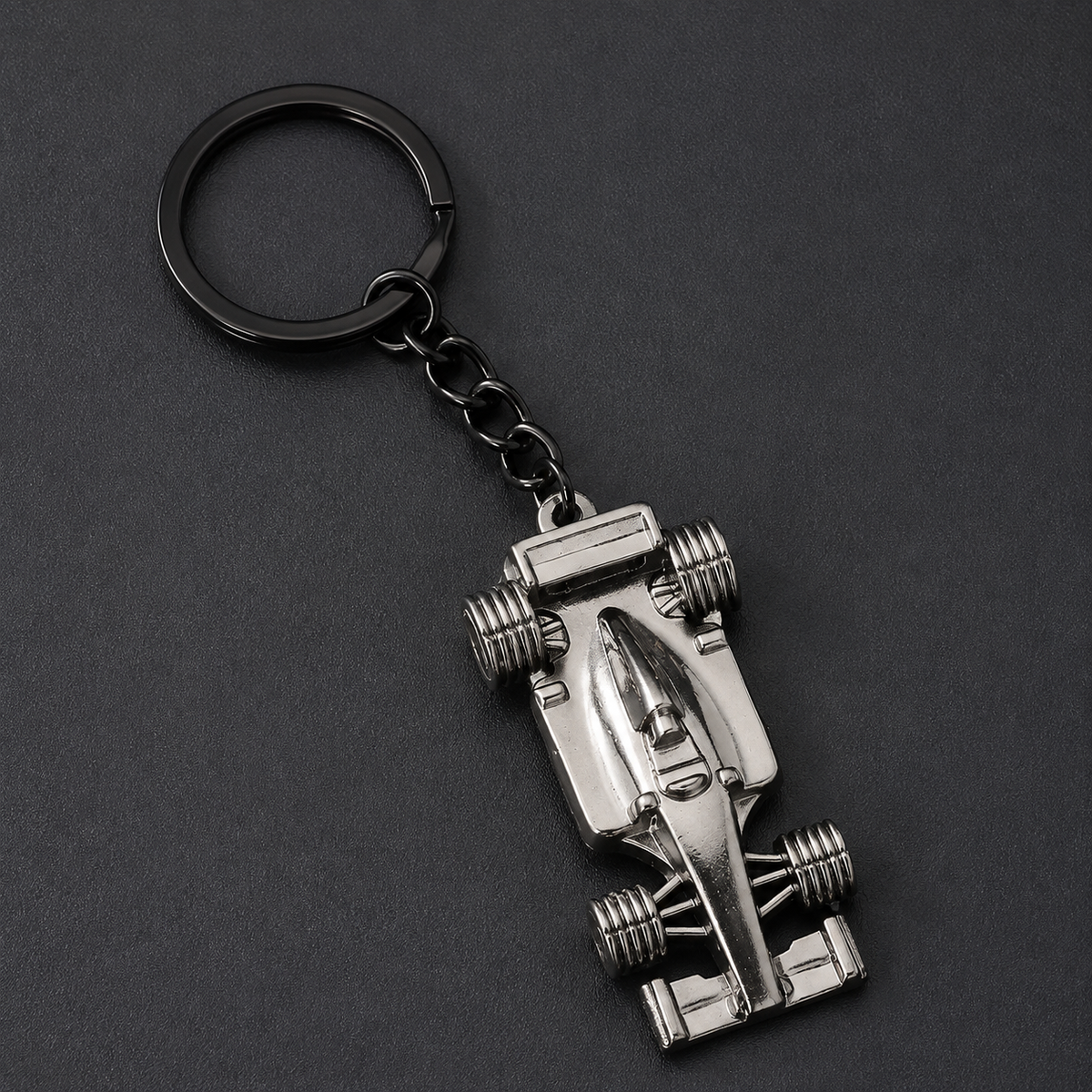 F1 Formula One race car chrome gunmetal keyring top view