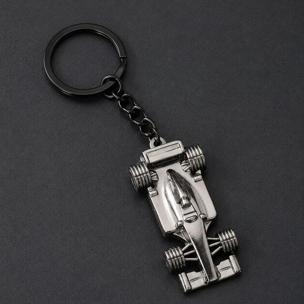 F1 Formula One race car chrome gunmetal keyring top view