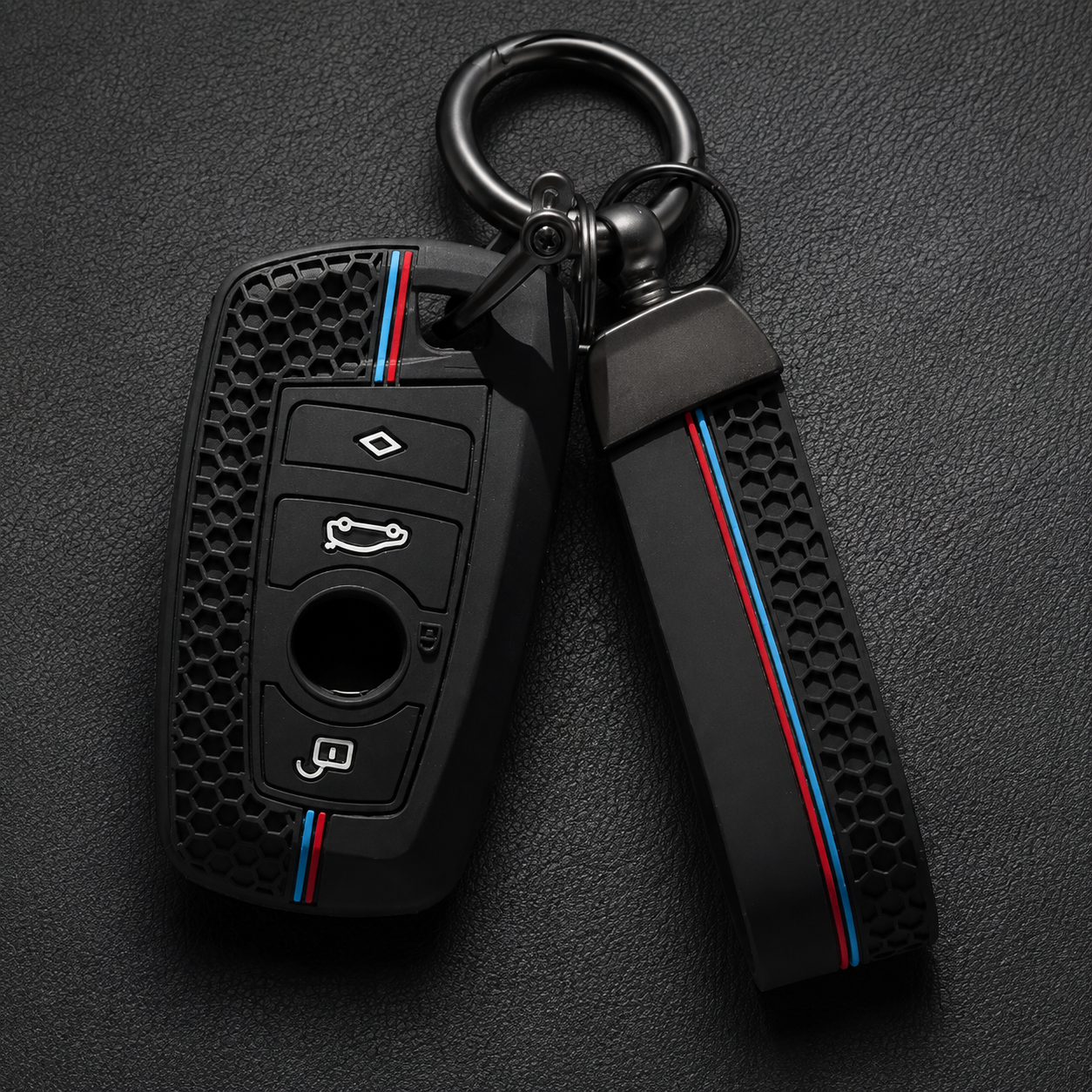 BMW M Sport black silicone key cover and matching keychain set with tri-colour stripe