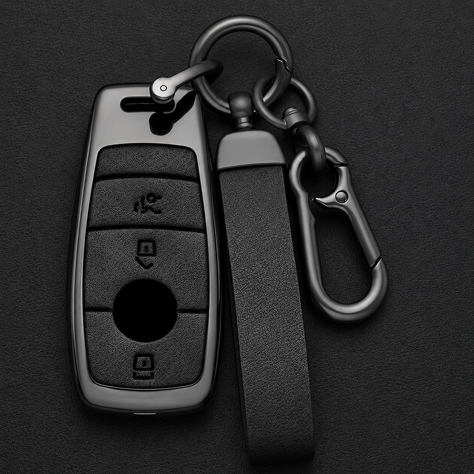 Mercedes-Benz gunmetal zinc alloy key cover and leather carabiner keychain set on dark background