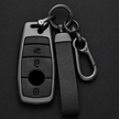 Mercedes-Benz gunmetal zinc alloy key cover and leather carabiner keychain set on dark background