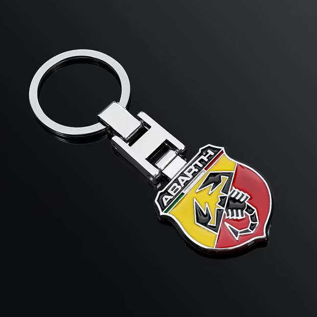 Abarth Scorpion shield chrome enamel keyring in yellow and red