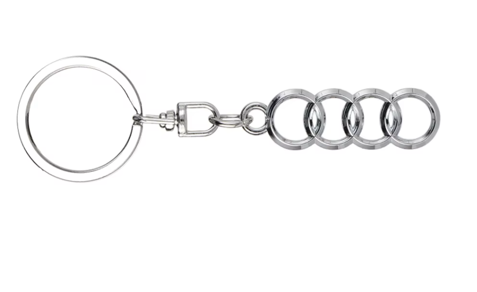 Audi four rings chrome metal keyring on white background