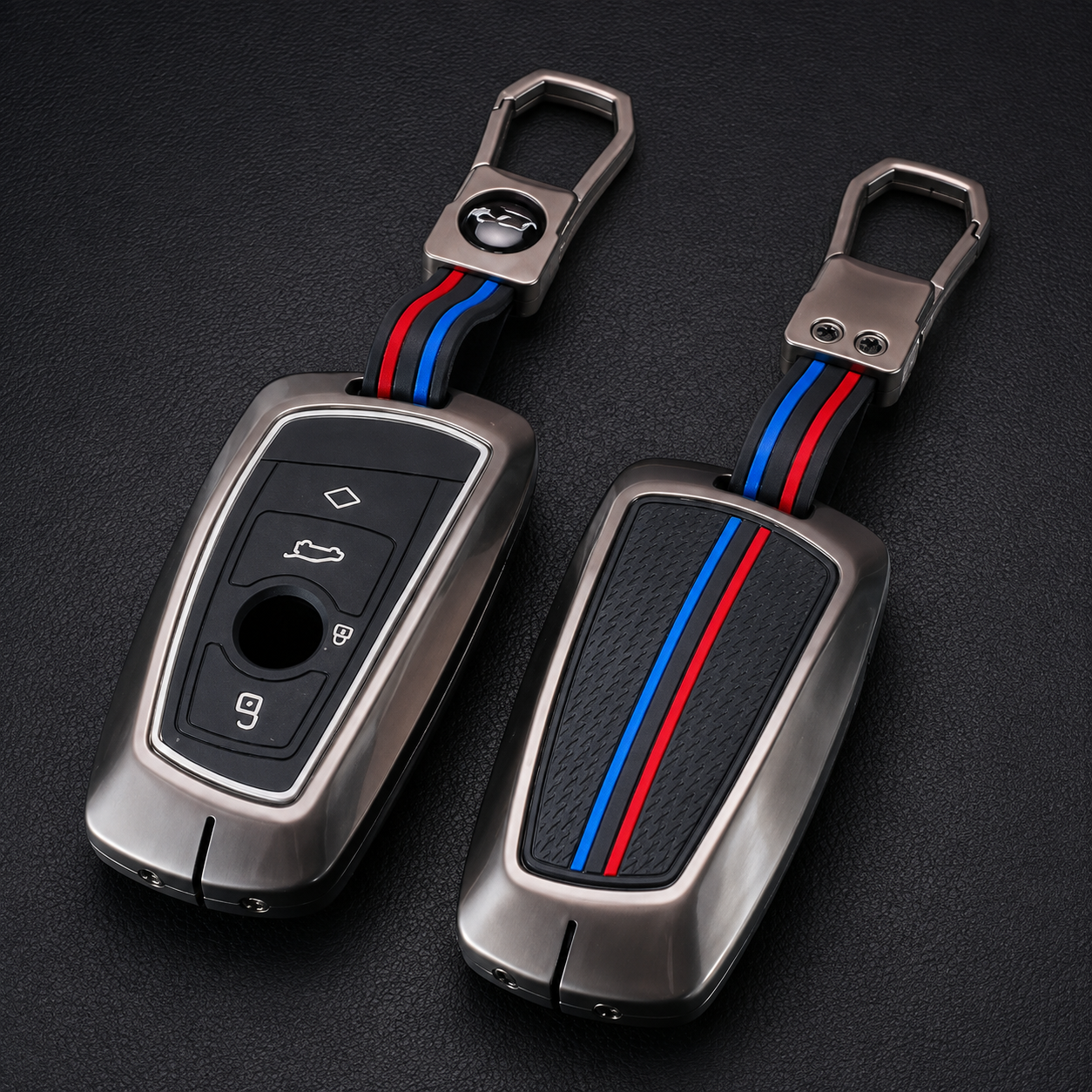 BMW M Sport zinc alloy gunmetal key cover and keychain set with tri-colour M stripe