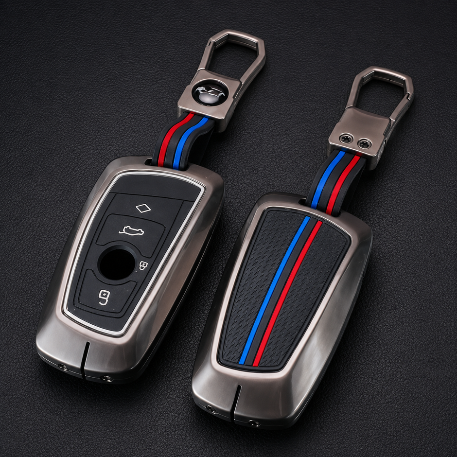 BMW M Sport zinc alloy gunmetal key cover and keychain set with tri-colour M stripe