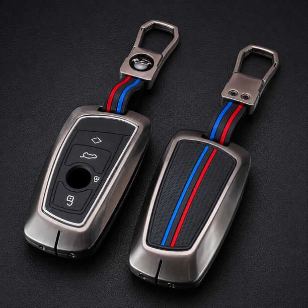 BMW M Sport zinc alloy gunmetal key cover and keychain set with tri-colour M stripe